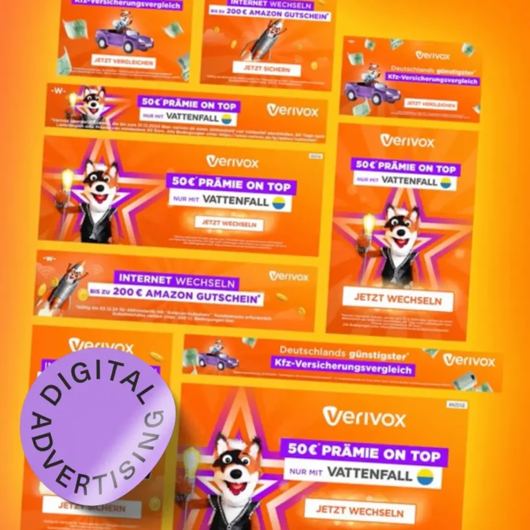 Collage digitaler Werbung von Verivox für Strom-, Gas- und Kfz-Versicherungsvergleiche.