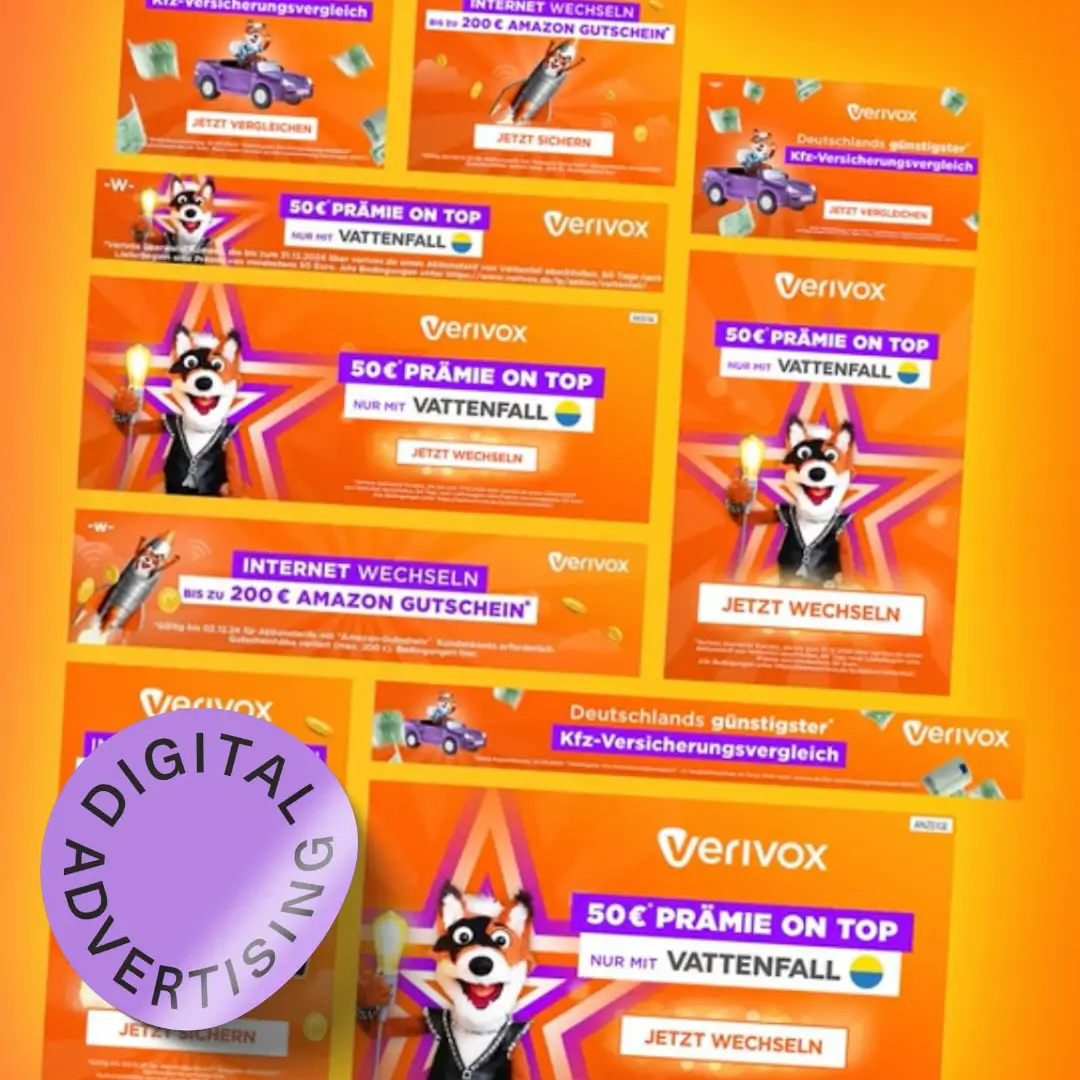 Collage digitaler Werbung von Verivox für Strom-, Gas- und Kfz-Versicherungsvergleiche.