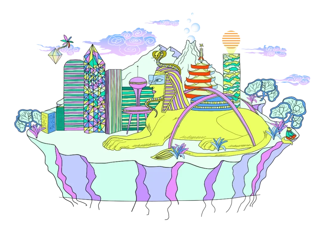 Fantasievolle Illustration einer Sphinx umgeben von modernen und exotischen Elementen auf einer schwebenden pastellfarbenen Insel.