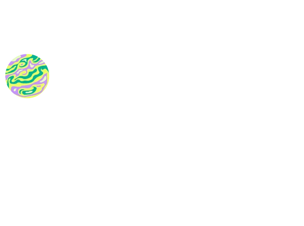 Bunte abstrakte Planetengrafik mit pastellfarbenen Mustern auf einem Streifenhintergrund.